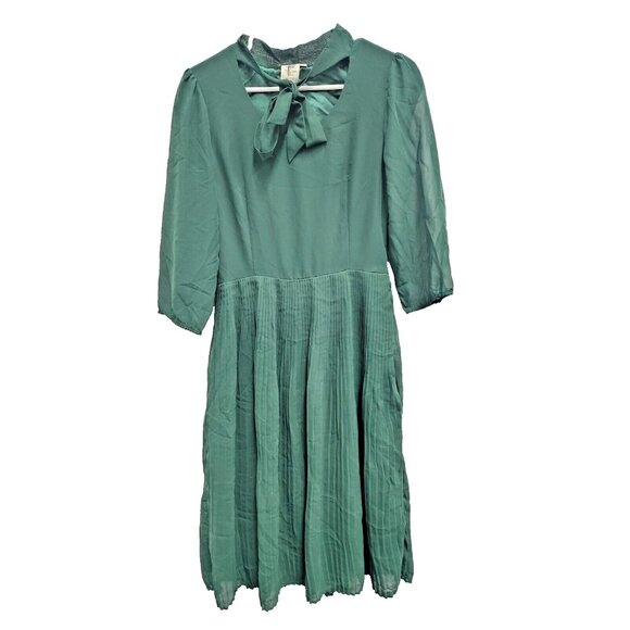 Shabby Apple Womens Midi Dress Sz 6 Emerald Green Bow Tie Pleated Skirt Preppy - Picture 1 of 9